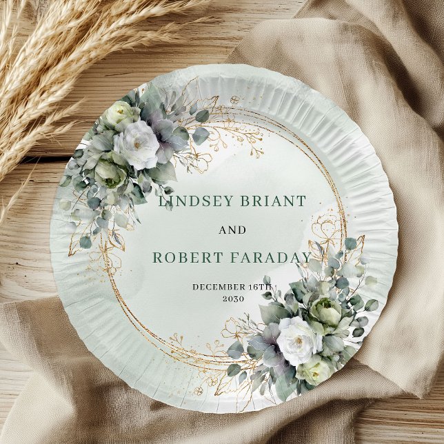 Boho Green Gold Personalised Botanical Wedding  Paper Plate (Boho Green Gold Personalized Botanical Wedding Plates)