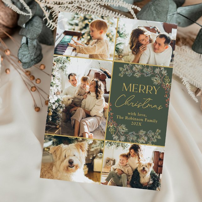 Boho Green Gold Script Family Photo Christmas Card (Creator Uploaded)