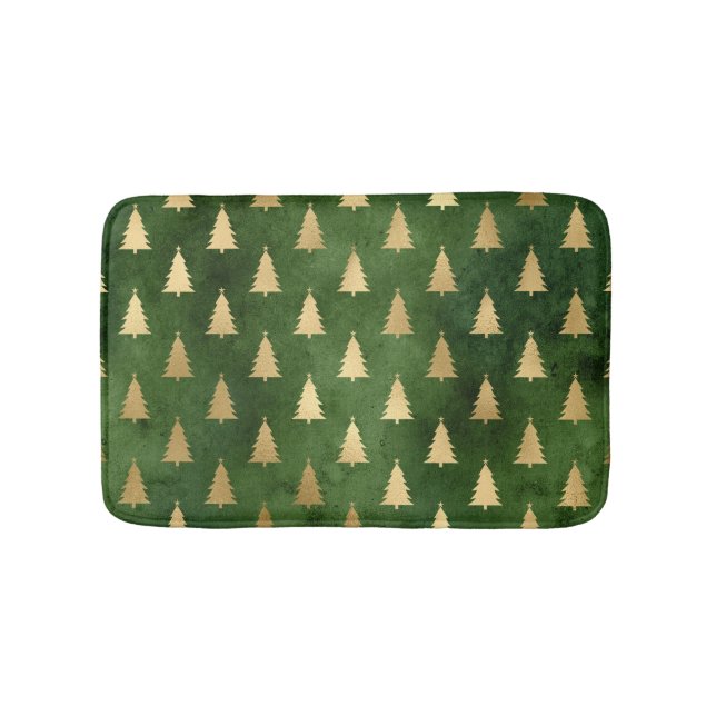 Boho Green Gold Trees Christmas Bath Mat (Front)
