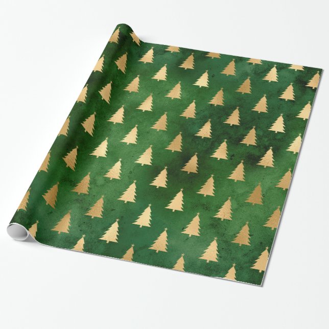 Boho Green Gold Trees Christmas Wrapping Paper (Unrolled)