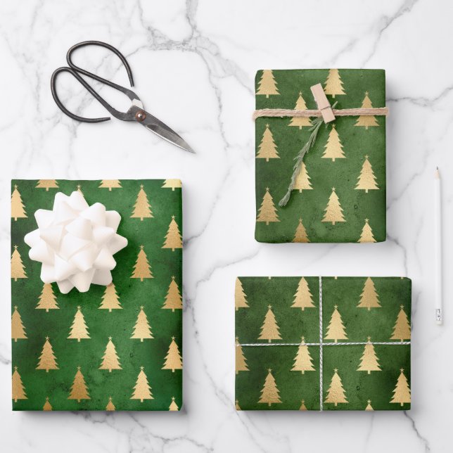 Boho Green Gold Trees Christmas Wrapping Paper Sheet (Front)