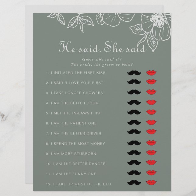 Boho Green He Said She Said Bridal Shower Game (Front/Back)