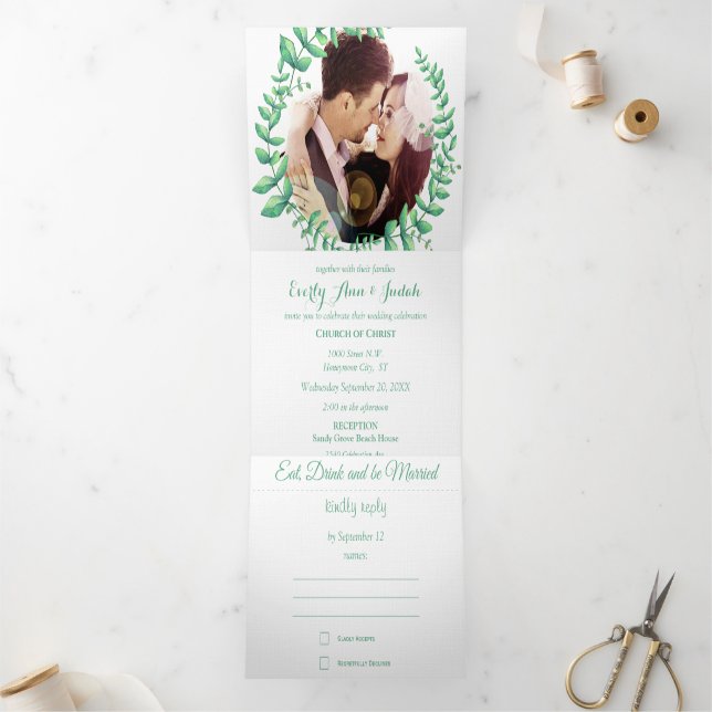 Boho Green Leaf Mint Green Ash Wreath Wedding Tri-Fold Invitation (Inside)