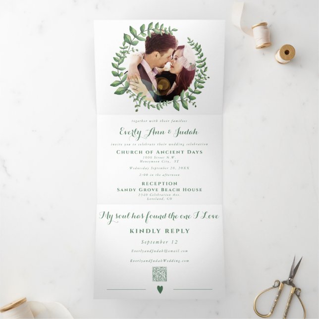 Boho Green Leaf Mint Green Ash Wreath Wedding Tri-Fold Invitation (Inside)