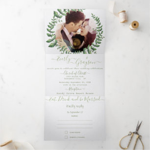 Boho Green Leaf Olive Green Ash Wreath Wedding Tri-Fold Invitation