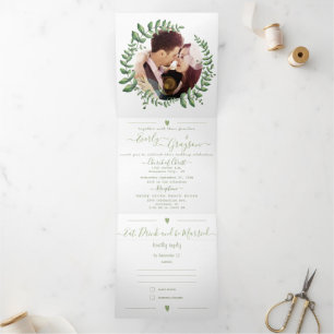 Boho Green Leaf Olive Green Ash Wreath Wedding Tri-Fold Invitation