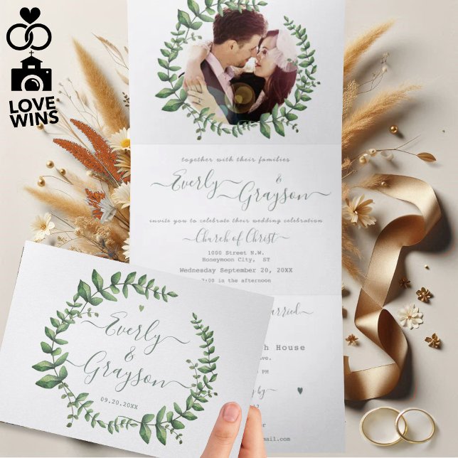 Boho Green Leaf Olive Green Ash Wreath Wedding Tri-Fold Invitation (Creator Uploaded)