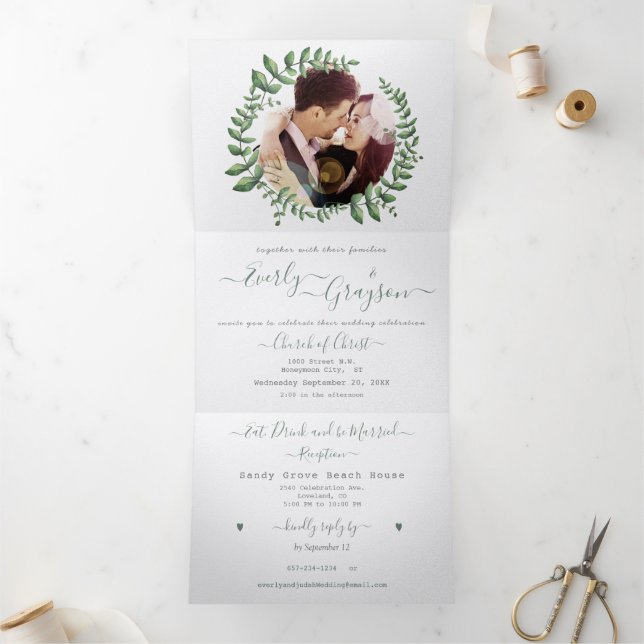 Boho Green Leaf Olive Green Ash Wreath Wedding Tri Tri-Fold Invitation (Inside)