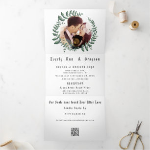 Boho Green Leaf Olive Green Ash Wreath Wedding Tri Tri-Fold Invitation