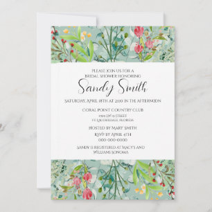 Boho Green Leaves and Wildflowers Bridal Shower  Invitation