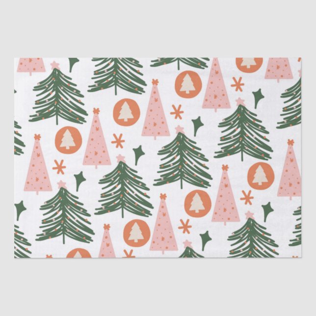 Boho Green Pink Orange Christmas Trees Tissue Paper (Front)