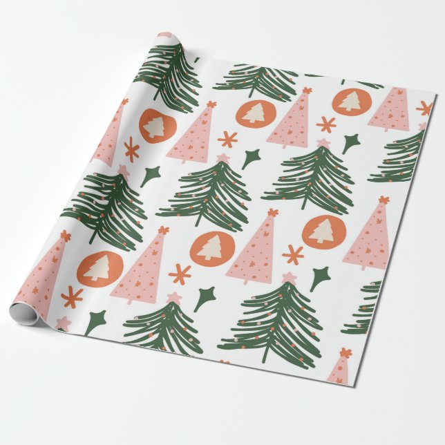 Boho Green Pink Orange Christmas Trees Wrapping Paper (Unrolled)