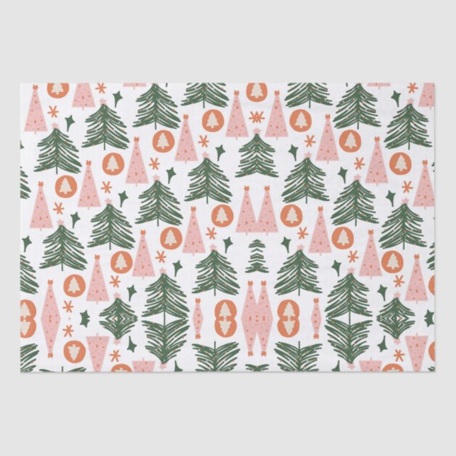 Boho Green Pink Orange Rustic Christmas Trees  Tissue Paper (Front)