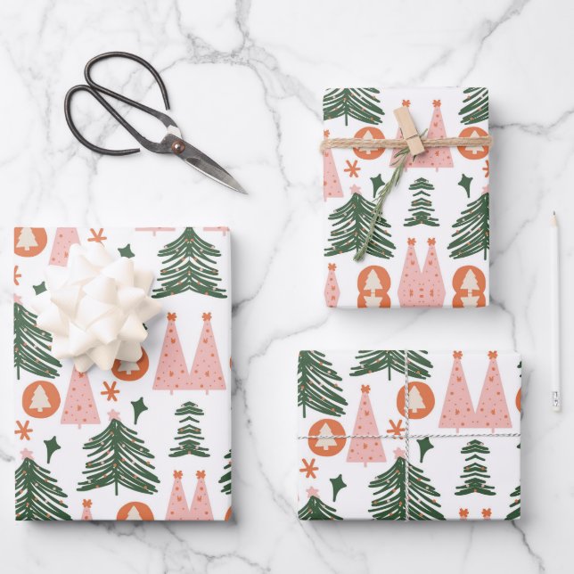Boho Green Pink Orange Rustic Christmas Trees Wrapping Paper Sheet (Front)