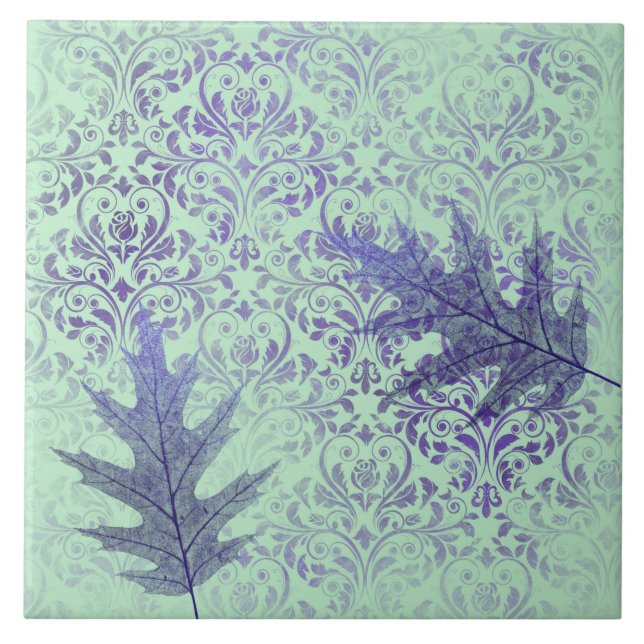 Boho Green Purple Leaves Tile (Front)