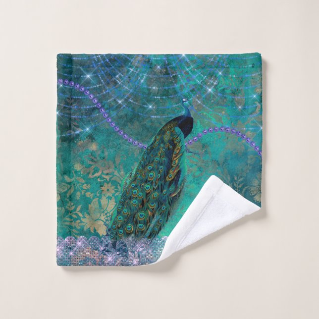 Boho Green Purple Peacock Watercolor Wash Cloth (Wash Cloth)