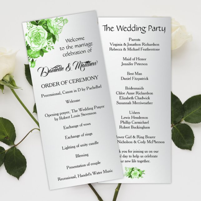 Boho Green Roses Metallic Silver Wedding Programme (Creator Uploaded)