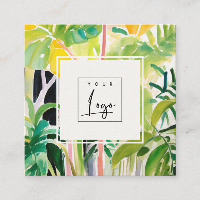 Boho Green  Tropical Leafy Foliage Botanical Logo Square Business Card (Front)