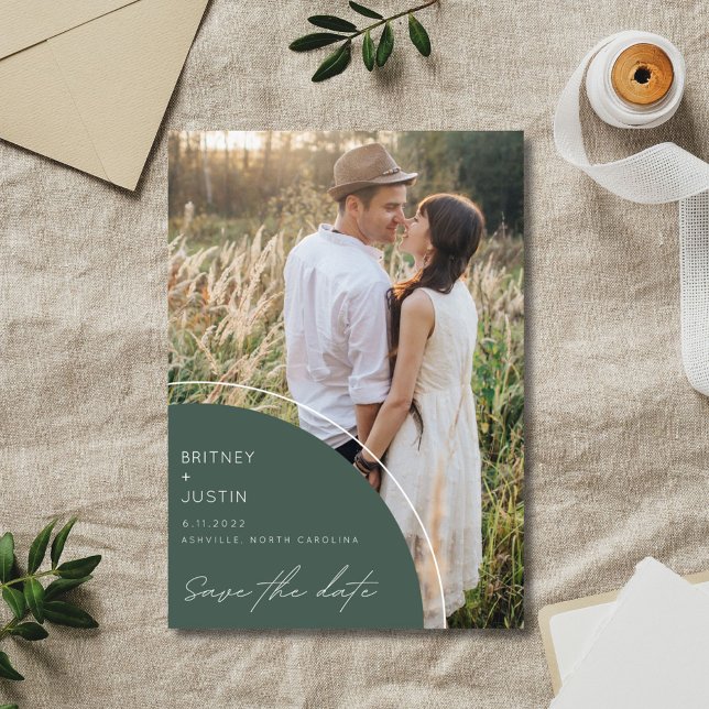 Boho Green Two Photo Wedding Save The Date (Modern Photo Wedding Save the dates  )