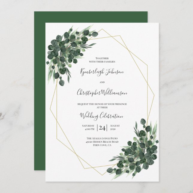 Boho Green Watercolor Eucalyptus Geometric Wedding Invitation (Front/Back)