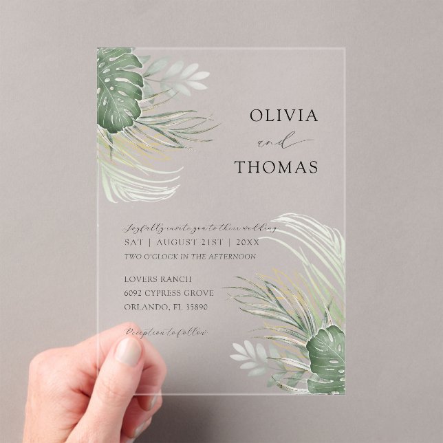 Boho Green Watercolor Monstera  Wedding Acrylic Invitations (Insitu (Handheld))