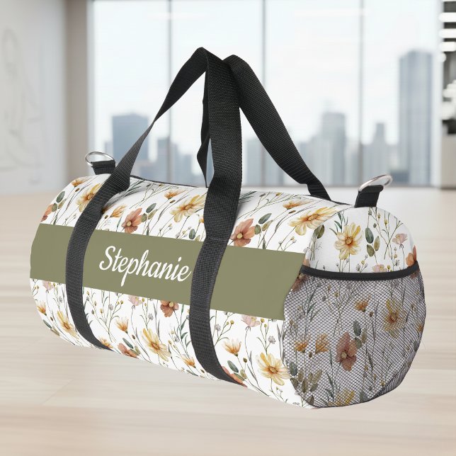 Boho Green Watercolor Wildflower Monogram Duffle Bag (Creator Uploaded)
