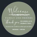 Boho  Green Welcome to Our Wedding Classic Round Sticker<br><div class="desc">Boho green stickers are a great way to welcome your guests and to thank them for coming to your wedding celebration. They read: Welcome family and friends. Thank you for joining us to celebrate today. It means the world to us that you are here. Customise with your names. Contact me...</div>