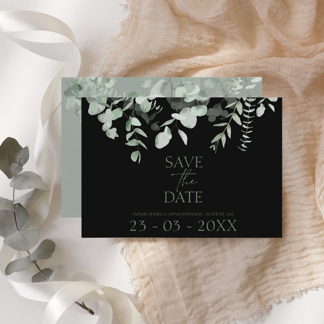 Boho Greenery Black Eucalyptus Wedding Date Card (Creator Uploaded)