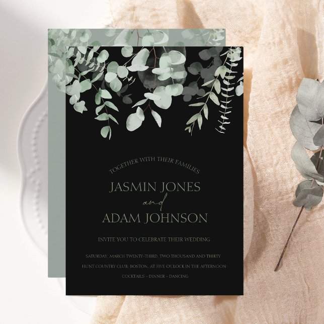 Boho Greenery Black Eucalyptus Wedding Invitation (Creator Uploaded)