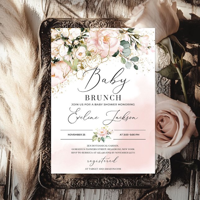 Boho greenery blush pink floral gold baby brunch invitation (Boho greenery blush pink floral gold baby brunch invitation)