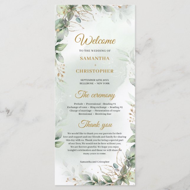 Boho greenery eucalyptus foliage gold frame programme (Front)