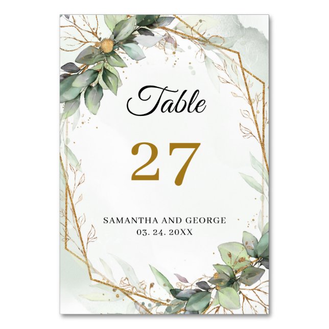 Boho greenery eucalyptus foliage gold frame table number (Front)