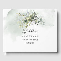 Boho greenery eucalyptus foliage gold Guest Book