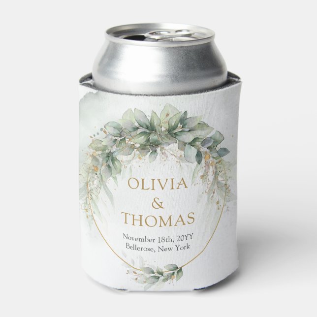 Boho greenery eucalyptus foliage gold oval  can cooler (Can Front)