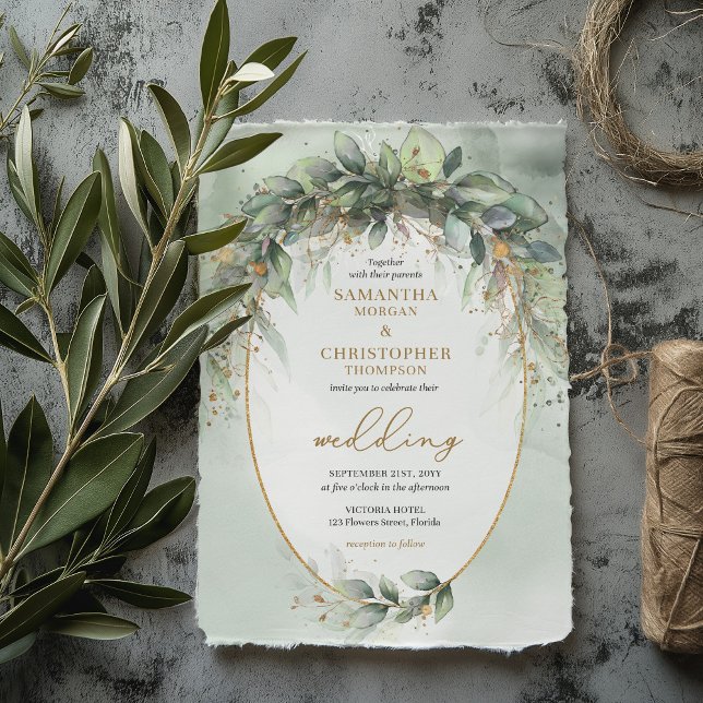 Boho greenery eucalyptus foliage gold wedding invitation (EDITABLE Trendy watercolor greenery eucalyptus gold frame wedding invitation template )