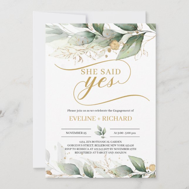 Boho greenery eucalyptus gold leaves she said yes invitation (Front)