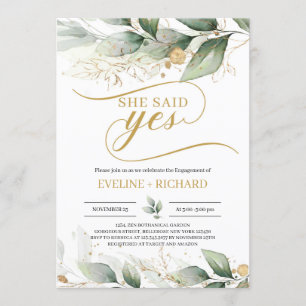 Boho greenery eucalyptus gold leaves she said yes invitation