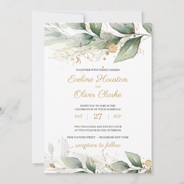 Boho greenery eucalyptus leaves gold wedding invitation (Front)