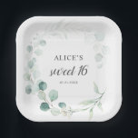 Boho Greenery Eucalyptus Sweet 16 Paper Plate<br><div class="desc">Boho bouquet of greenery eucalyptus and leaves.</div>