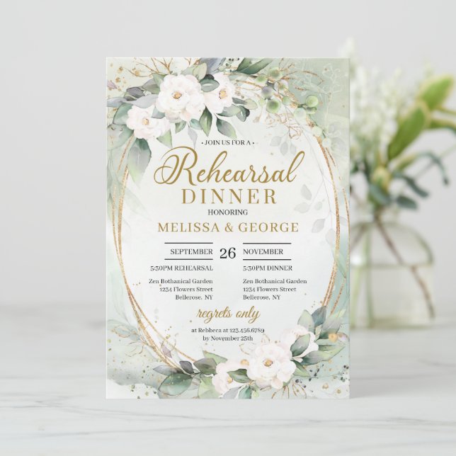 Boho Greenery eucalyptus white roses gold oval  Invitation (Standing Front)
