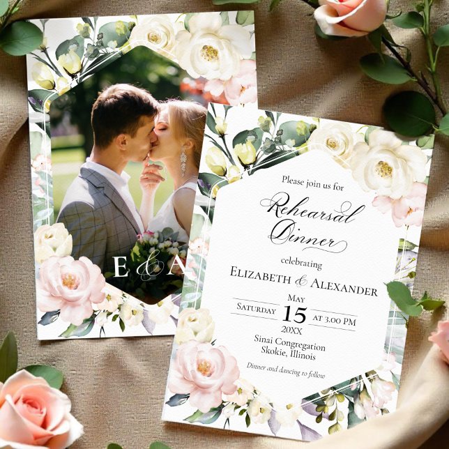Boho Greenery Floral Frame Photo Rehearsal Dinner Invitation (Creator Uploaded)