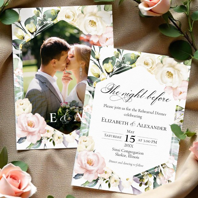 Boho Greenery Floral Frame Photo Rehearsal Dinner Invitation (Creator Uploaded)