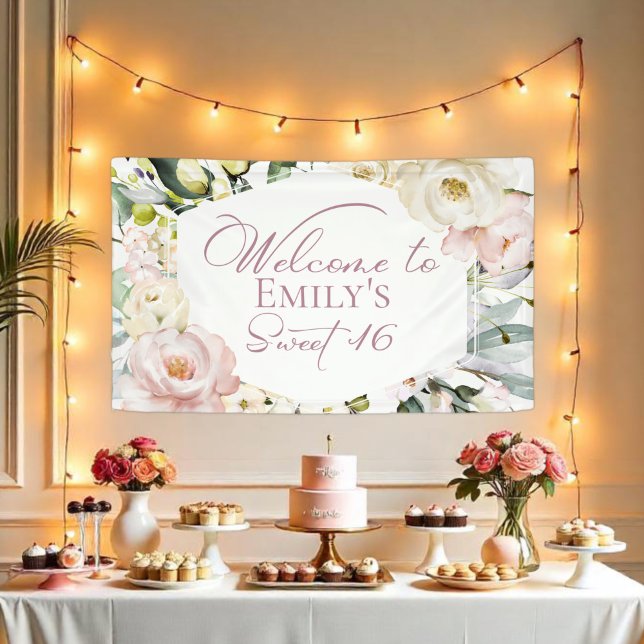 Boho Greenery Floral Frame Sweet 16 Welcome Banner (Creator Uploaded)
