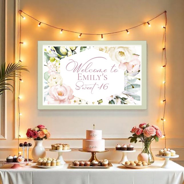 Boho Greenery Floral Frame Sweet 16 Welcome Banner Poster (Creator Uploaded)
