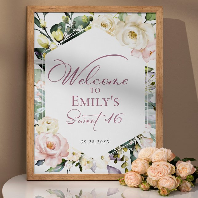 Boho Greenery Floral Frame Sweet 16 Welcome Sign (Creator Uploaded)
