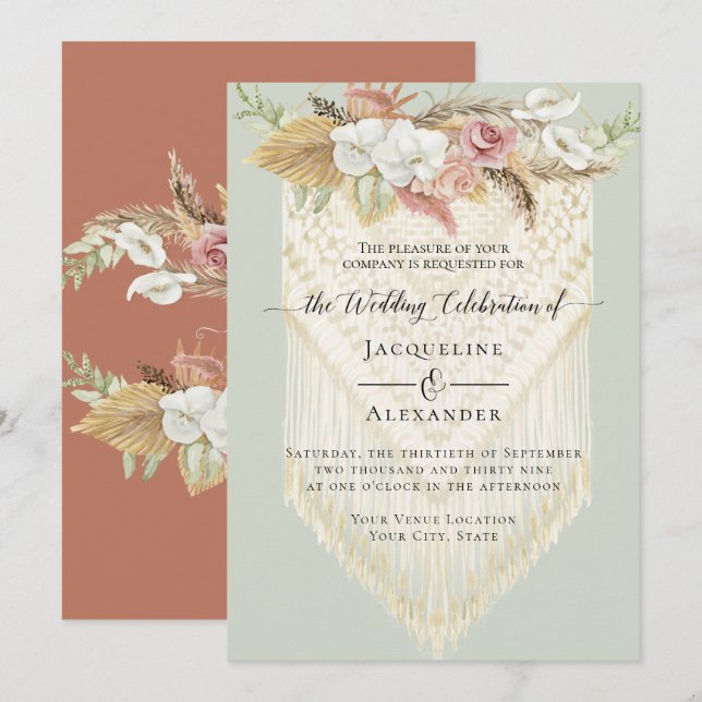 BOHO Greenery Floral Pampas Grass Macrame Wedding Invitation (Front/Back)