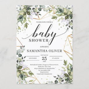 Boho greenery foliage and gold frame baby shower invitation