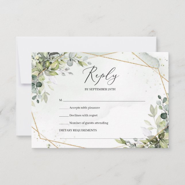 Boho greenery foliage and gold frame spring rsvp card (Front)