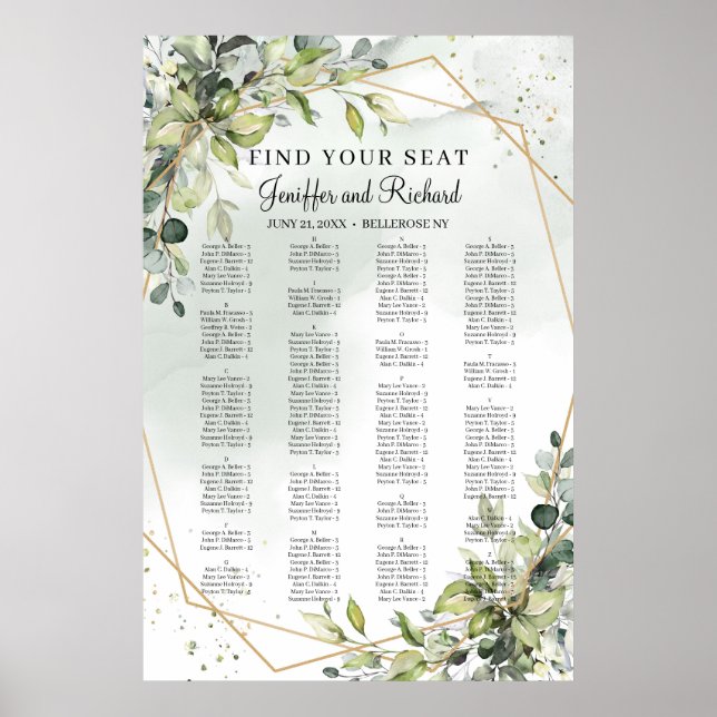Boho Greenery Foliage Eucalyptus Gold Seating  Poster (Front)