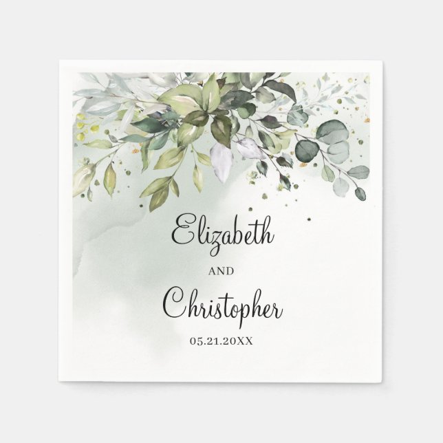 Boho greenery foliage eucalyptus leaves wedding napkin (Front)